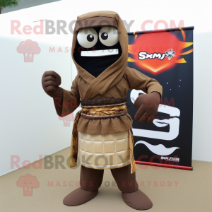 Brown Samurai mascot costume character dressed with a Board Shorts and Scarf clips