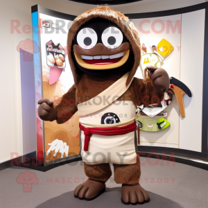 Brown Samurai mascot costume character dressed with a Board Shorts and Scarf clips