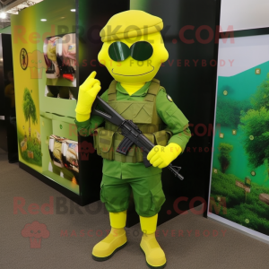 Lemon Yellow Green Beret mascot costume character dressed with a Sheath Dress and Foot pads