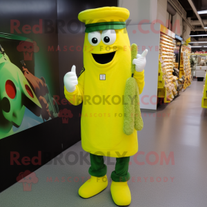 Lemon Yellow Green Beret mascot costume character dressed with a Sheath Dress and Foot pads