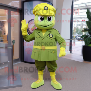 Lemon Yellow Green Beret mascot costume character dressed with a Sheath Dress and Foot pads