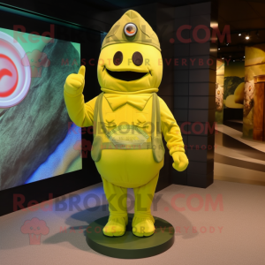 Lemon Yellow Green Beret mascot costume character dressed with a Sheath Dress and Foot pads