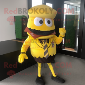 Yellow Burgers mascot costume character dressed with a Suit Jacket and Beanies