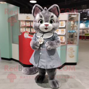Gray Cat mascot costume character dressed with a A-Line Dress and Coin purses
