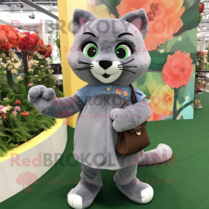 Gray Cat mascot costume character dressed with a A-Line Dress and Coin purses