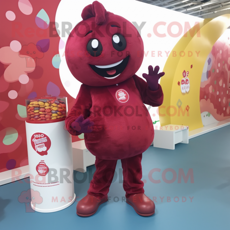 Maroon Candy mascot costume character dressed with a Chinos and Anklets Maroon Candy mascot costume character dressed with a Chinos and Anklets