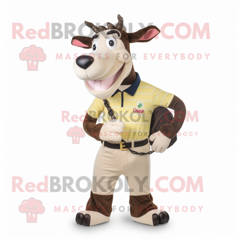 Cream Okapi mascot costume character dressed with a Polo Tee and Wallets