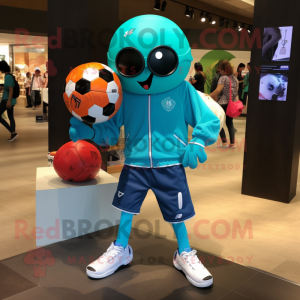 Turquoise Soccer Ball mascot costume character dressed with a Moto Jacket and Messenger bags