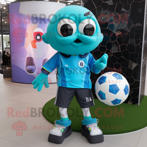 Turquoise Soccer Ball mascot costume character dressed with a Moto Jacket and Messenger bags