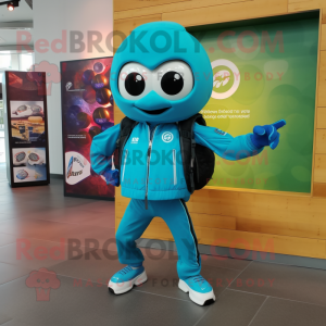 Turquoise Soccer Ball mascot costume character dressed with a Moto Jacket and Messenger bags