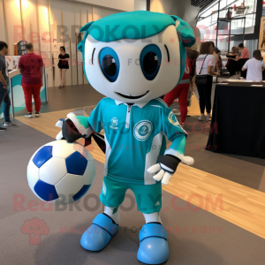 Turquoise Soccer Ball mascot costume character dressed with a Moto Jacket and Messenger bags
