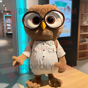 Tan Owl mascot costume character dressed with a Henley Shirt and Eyeglasses