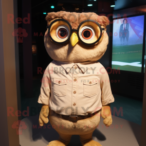 Tan Owl mascot costume character dressed with a Henley Shirt and Eyeglasses