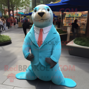 Cyan Sea Lion mascot costume character dressed with a Suit Jacket and Earrings