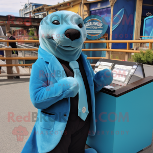 Cyan Sea Lion mascot costume character dressed with a Suit Jacket and Earrings