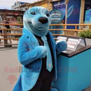 Cyan Sea Lion mascot costume character dressed with a Suit Jacket and Earrings