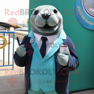 Cyan Sea Lion mascot costume character dressed with a Suit Jacket and Earrings