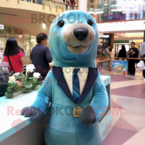 Cyan Sea Lion mascot costume character dressed with a Suit Jacket and Earrings