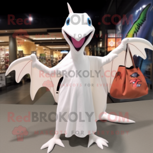 White Pterodactyl mascot costume character dressed with a Long Sleeve Tee and Tote bags