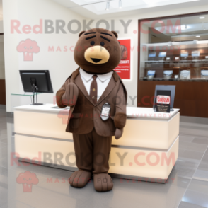 Brown Attorney mascot costume character dressed with a Suit Jacket and Keychains