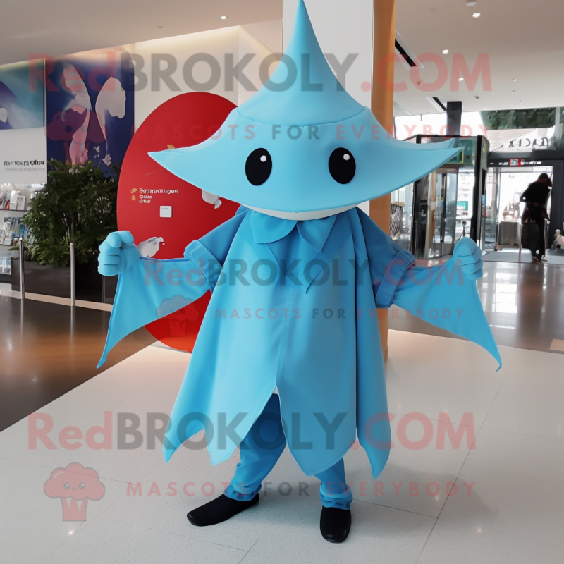 Sky Blue Manta Ray mascot costume character dressed with a Playsuit and Hat pins