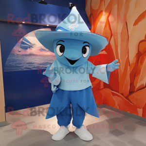 Sky Blue Manta Ray mascot costume character dressed with a Playsuit and Hat pins