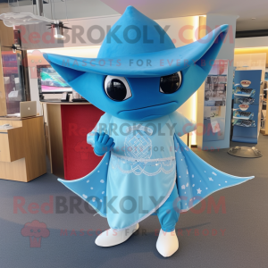 Sky Blue Manta Ray mascot costume character dressed with a Playsuit and Hat pins