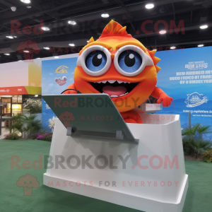 Orange Piranha mascot costume character dressed with a Bikini and Reading glasses