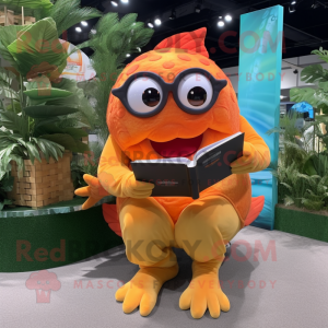 Orange Piranha mascot costume character dressed with a Bikini and Reading glasses