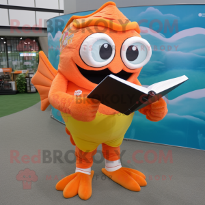 Orange Piranha mascot costume character dressed with a Bikini and Reading glasses