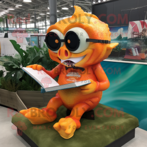 Orange Piranha mascot costume character dressed with a Bikini and Reading glasses