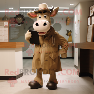 Tan Cow mascot costume character dressed with a Coat and Wallets