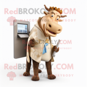 Tan Cow mascot costume character dressed with a Coat and Wallets