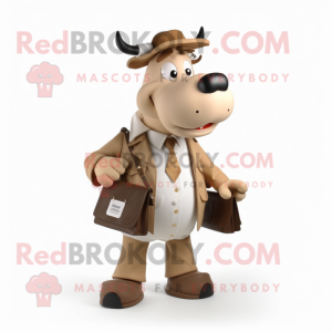 Tan Cow mascot costume character dressed with a Coat and Wallets