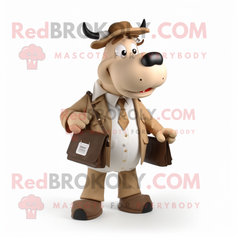 Tan Cow mascot costume character dressed with a Coat and Wallets Tan Cow mascot costume character dressed with a Coat and Wallets