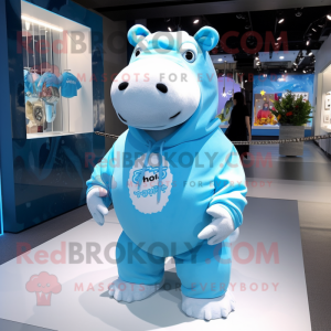 Sky Blue Hippopotamus mascot costume character dressed with a Hoodie and Necklaces