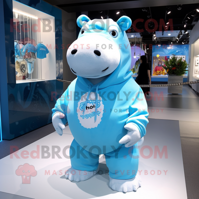Sky Blue Hippopotamus mascot costume character dressed with a Hoodie and Necklaces Sky Blue Hippopotamus mascot costume character dressed with a Hoodie and Necklaces
