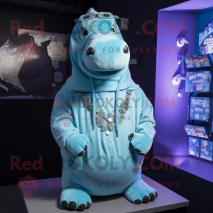 Sky Blue Hippopotamus mascot costume character dressed with a Hoodie and Necklaces