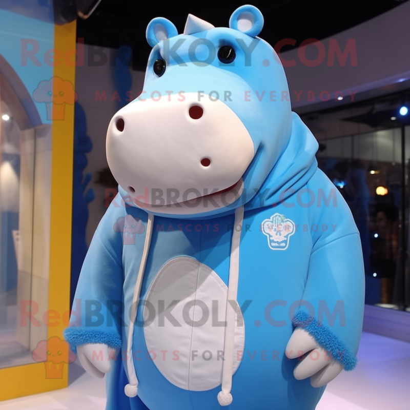 Sky Blue Hippopotamus mascot costume character dressed with a Hoodie and Necklaces