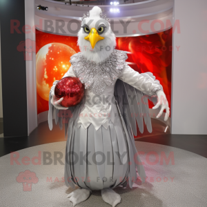 Silver Chicken mascot costume character dressed with a Ball Gown and Rings