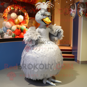 Silver Chicken mascot costume character dressed with a Ball Gown and Rings