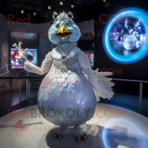 Silver Chicken mascot costume character dressed with a Ball Gown and Rings