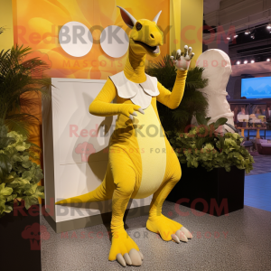 Yellow Parasaurolophus mascot costume character dressed with a Empire Waist Dress and Mittens