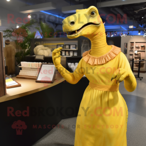Yellow Parasaurolophus mascot costume character dressed with a Empire Waist Dress and Mittens