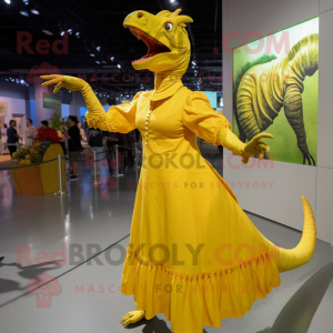 Yellow Parasaurolophus mascot costume character dressed with a Empire Waist Dress and Mittens