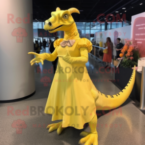 Yellow Parasaurolophus mascot costume character dressed with a Empire Waist Dress and Mittens