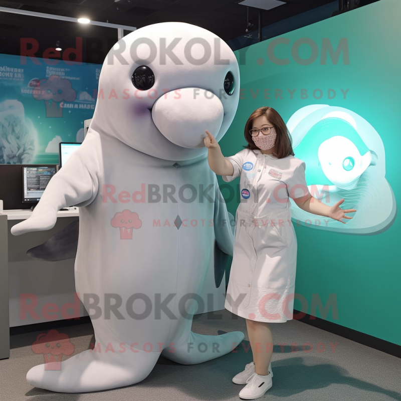 Gray Beluga Whale mascot costume character dressed with a A-Line Dress and Smartwatches