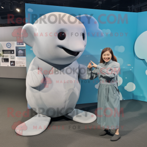 Gray Beluga Whale mascot costume character dressed with a A-Line Dress and Smartwatches