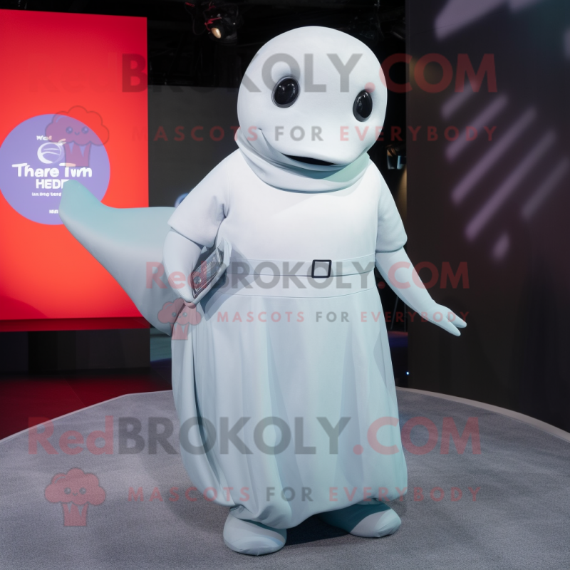 Gray Beluga Whale mascot costume character dressed with a A-Line Dress and Smartwatches