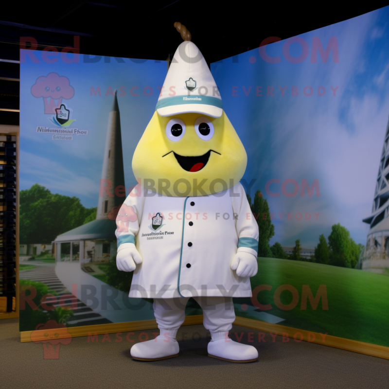 White Pear mascot costume character dressed with a Bermuda Shorts and Hat pins White Pear mascot costume character dressed with a Bermuda Shorts and Hat pins